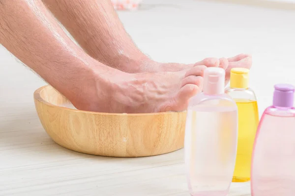 Male Feet Bowl Water Soap Hygiene Spa Concept — Stock Photo, Image