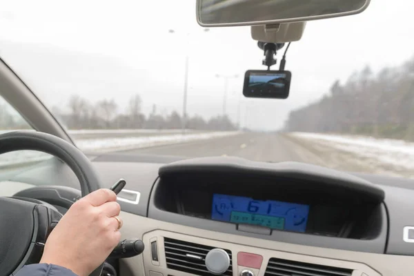 Gebruik Van Dashboardcamera Continu Een Weergave Door Voorruit Van Een — Stockfoto