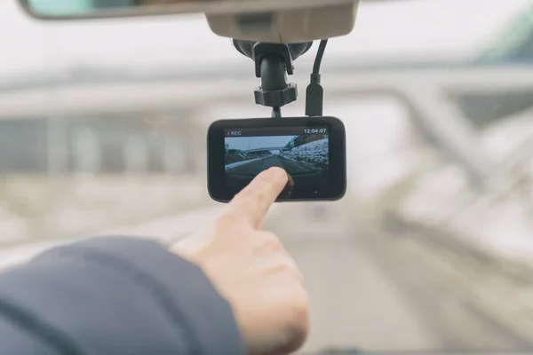 Gebruik Van Dashboardcamera Continu Een Weergave Door Voorruit Van Een — Stockfoto