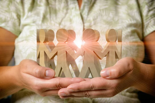 Wooden Figures People Circle Holding Hands Standing Woman Hands Concept — Stock Photo, Image