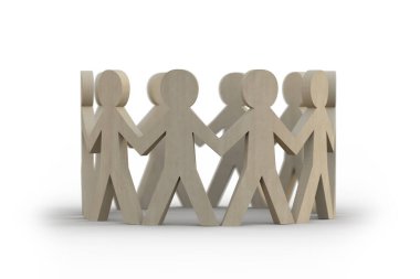 Çemberde el ele tutuşup beyaz arka planda duran ahşap figürler. Sosyal ağ, iş ya da diğer ilişkiler kavramı. Tabletteki adamları ayarlamak internet ağı üzerinden bağlantı olduğunu gösteriyor. 3d illüstrasyon