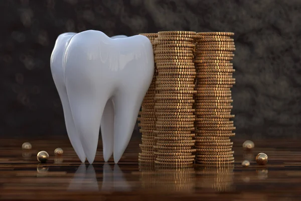 Big Teeth Stack Golden Coins Concept Expensive Dentistry Dental Insurance — Stock Photo, Image