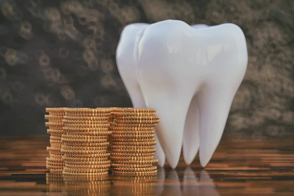 Big Tooth Stack Golden Coins Concept Expensive Dentistry Dental Insurance — Stock Photo, Image