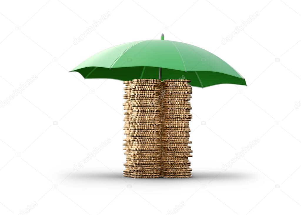 Gold coins protected by an umbrella isolated on white background. Concept for insurance protection, safe banking or other things related to securing property. 3d illustration