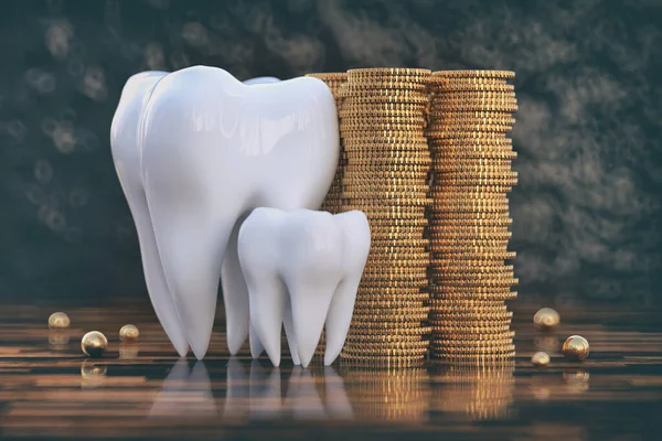 Dientes Grandes Con Una Pila Monedas Oro Concepto Odontología Costosa — Foto de Stock