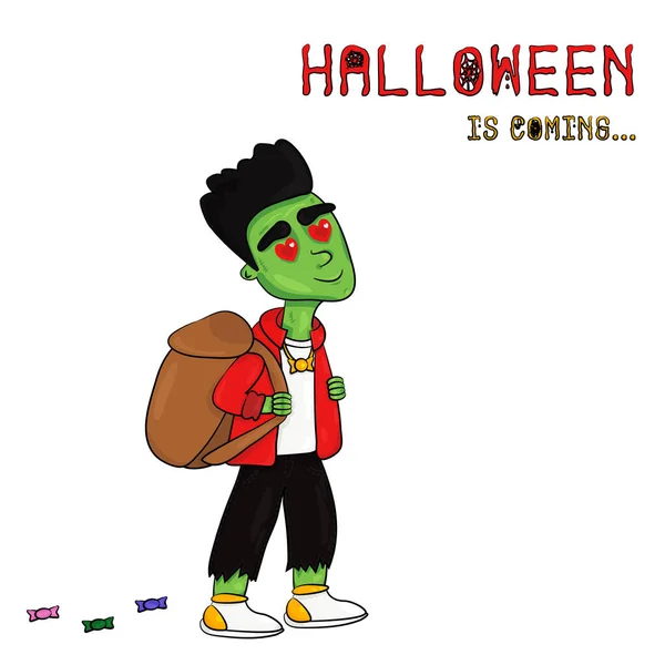 Illustration Vectorielle Halloween Arrive Avec Frankenstein Petit Garçon Ressemble Frankenstein — Image vectorielle
