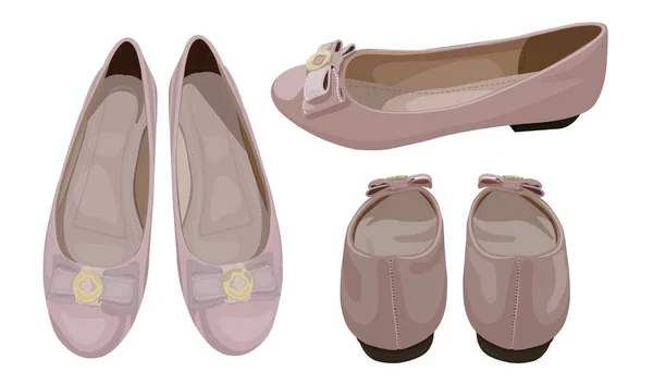 ダスティ ピンク色 ファッショナブルな外観でバレエ フラットのベクター イラストです さまざまなビューでドリー靴の図面 女性のドリーの靴のコンセプト — ストックベクタ