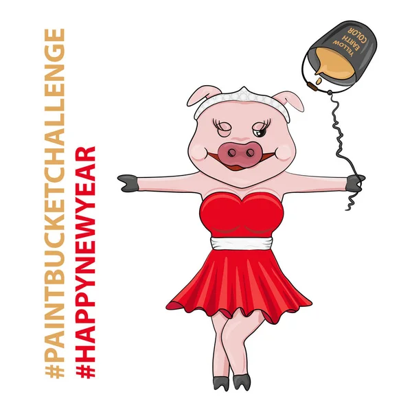 Vector Illustration Pink Pig Personaje Año Nuevo Red Dress Paint — Archivo Imágenes Vectoriales