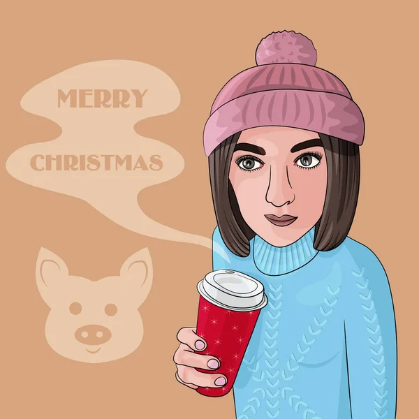 Ilustración vectorial de una niña con café para feliz Navidad — Vector de stock