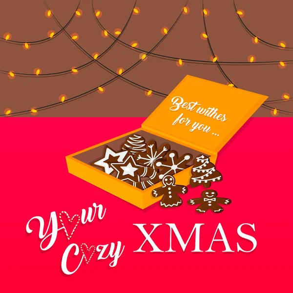 Gingerbread ile rahat Noel vektör Illustration. Sır şeker masada kurabiye kutusu. Duvardaki Garland ile kış tatilleri için geleneksel gıda