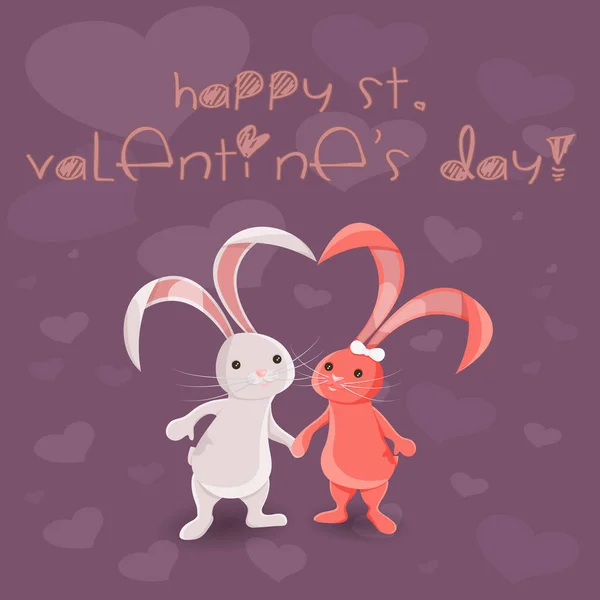 与两个兔子的圣情人节的矢量例证 情侣在爱举行手紫色背景与很多心脏 明信片 海报等模板 — 图库矢量图片
