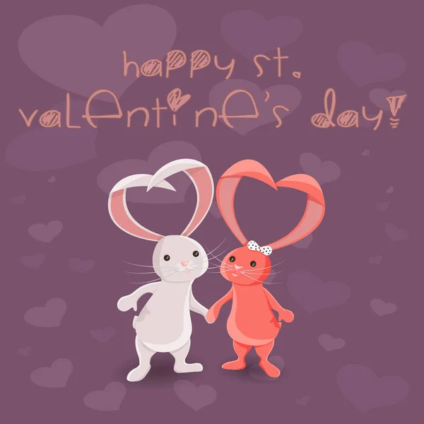 圣瓦伦丁节的矢量插图与两个兔子与心脏从耳朵 情侣在爱举行手紫色背景与很多心脏 明信片 海报等模板 — 图库矢量图片