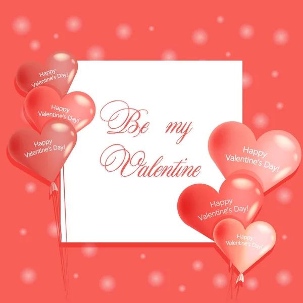 做我的情人与气球在粉红色的背景下 概念设计的贺卡 模板的情人节或爱情活动 明信片与心脏剪影和文本 — 图库矢量图片