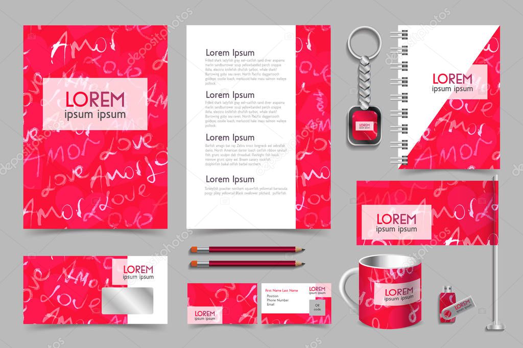 Professional Universal Abstract Branding Design Kit in Pink Colors. Vector Illustration of Corporate Identity Template. Business Stationery Mockup with Vertical Brochure, Envelope, Cover and Inner Pages, Business Card, Pencils, Mug, Keychain, Pen Dri