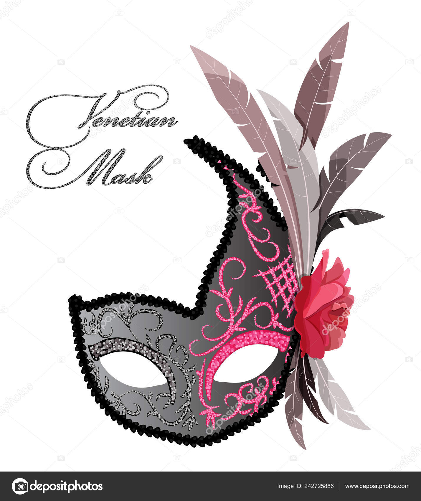 Vector Design Venetian Mask Feathers Rose Flower Drawing Souvenirs