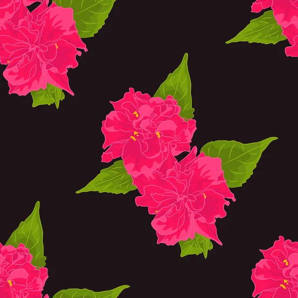 Πρότυπο Διάνυσμα Ρόδινο Λουλούδι Geen Φύλλα Μαύρο Φόντο Άνευ Ραφής — Διανυσματικό Αρχείο