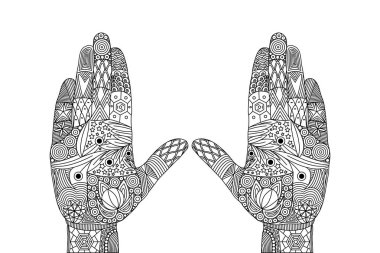 İki açık avuç içi arapsaçı Zen vektör Illustration. Sevinç ya da kutlama jesti. Zen dolaştırmak el çizimi. Doodle elemanları ile soyut sanat çizim