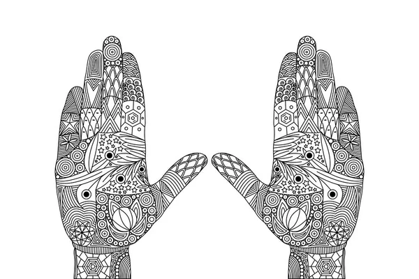 İki açık avuç içi arapsaçı Zen vektör Illustration. Sevinç ya da kutlama jesti. Zen dolaştırmak el çizimi. Doodle elemanları ile soyut sanat çizim