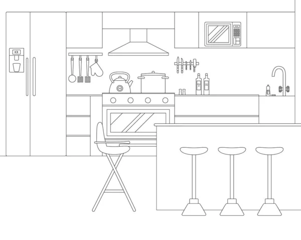 Vector Line Illustration of Interior of Kitchen - Stok Vektor