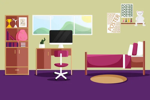 Diseño interior plano vectorial de un dormitorio individual — Vector de stock