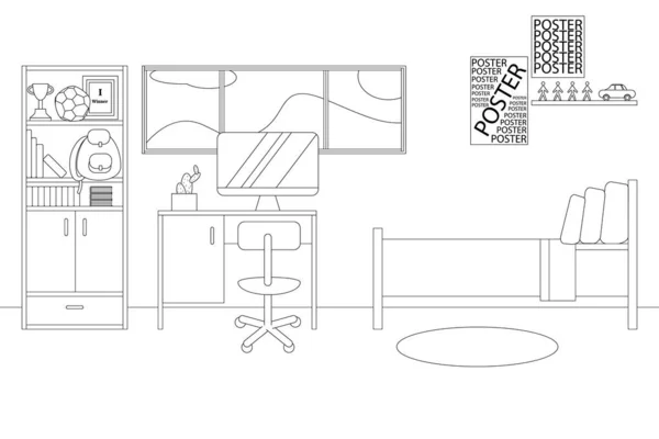 Vector Line Illustration of Interior of Bedroom - Stok Vektor