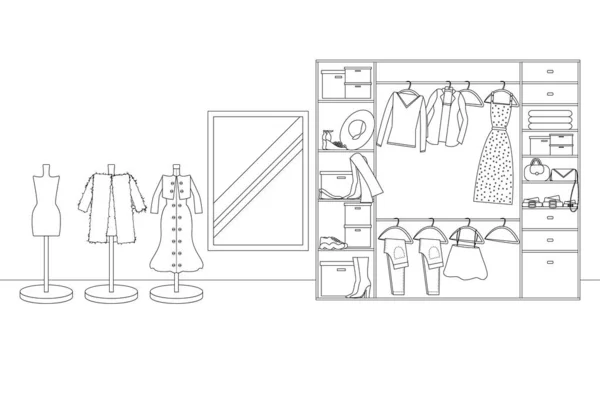 Vector Line Illustration of Interior of Wardrobe - Stok Vektor