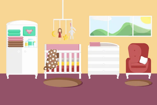 Vector Flat Design of Baby Room with Furniture - Stok Vektor