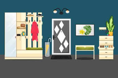 Vektör Flat ev İç, Mobilya ile Koridor