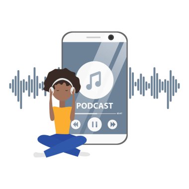 Kız ve Telefon ile Podcast Vektör Düz Kavramı
