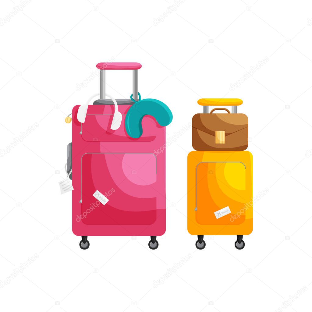 Vector cartoon illustration of two suitcases with travel accessories. Travel flat concept isolated. Vacation set of luggage, carry on, briefcase, baggage, pillow, headset. Trip after covid quarantine