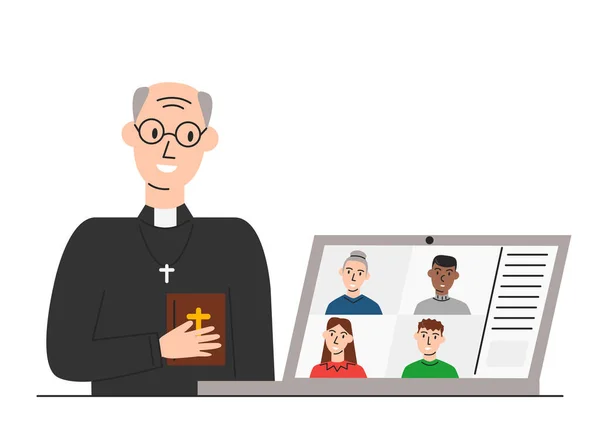 Ilustración Vectorial Iglesia Línea Pastor Saludando Feligreses Aislados Sacerdote Anciano — Vector de stock