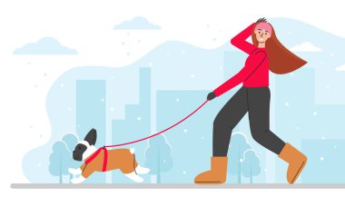 Kışın evcil hayvanla yürüyen genç bir kızın vektör çizimi. Fransız bulldog köpekli bir kadın şehirde. Soğuk havada köpek bakıcısı çalışıyor. Şehir manzarası izole edilmiş renkli düz çizgi konsepti