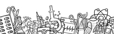 Sağlık ve İlaç Vektörü Kusursuz Şablon. El yapımı Doodle Uyuşturucu ve Tıbbi Ürünler ve Aygıtlar Arkaplanı