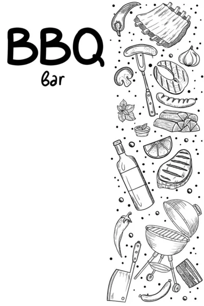 Ensemble d'objets BBQ et grill croquis isolés sur fond blanc. Eléments de barbecue dessinés à la main autour du texte. Modèle de conception de menu grill — Image vectorielle