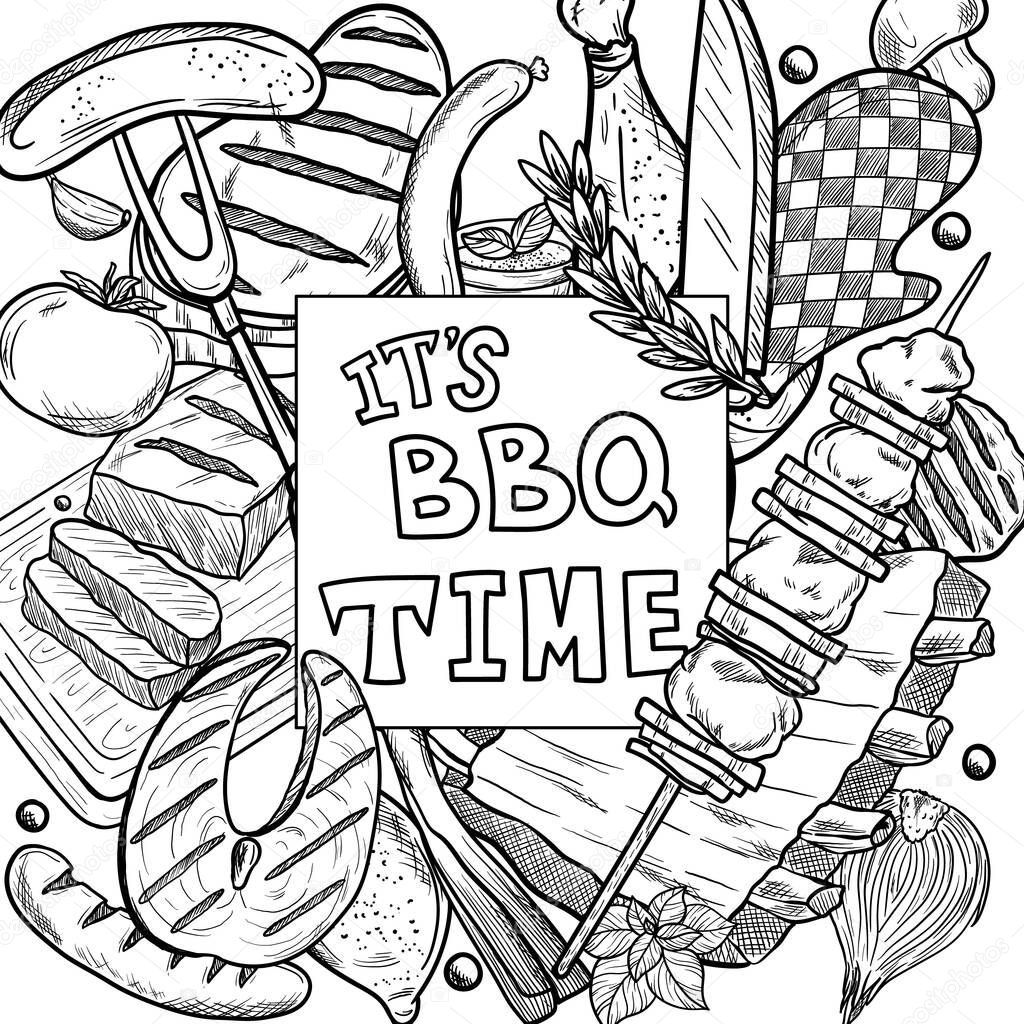Set of BBQ and grill sketch objects isolated on white background. Hand drawn barbecue elements around text. Grill menu design template