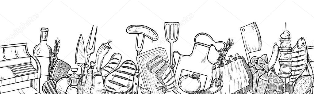 Set of BBQ and grill sketch objects isolated on white background. Hand drawn barbecue elements. Grill menu design template
