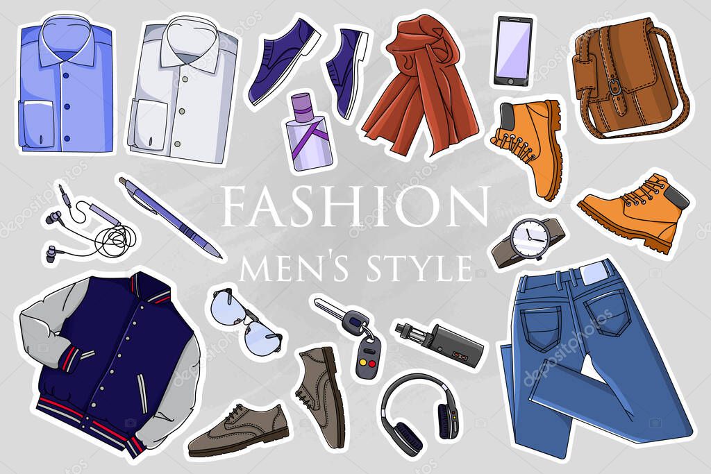 Outfit of fashion set for modern young person. Illustration stylish and trendy clothing. Vector