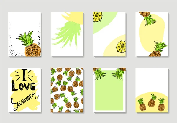 Set estival de 8 cartes redy-to-use avec éléments amusants, lettrage dessiné à la main et kit textures . — Image vectorielle