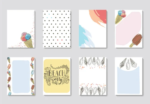 Set estival de 8 cartes redy-to-use avec éléments amusants, lettrage dessiné à la main et kit textures . — Image vectorielle