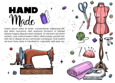 Terzi ya da terzi işi ve moda tasarımcısı atölye malzemeleri. Retro biçiminde vektör illüstrasyonuName