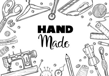 Terzi ya da terzi işi ve moda tasarımcısı atölye malzemeleri. Vintage biçiminde vektör illüstrasyonuName