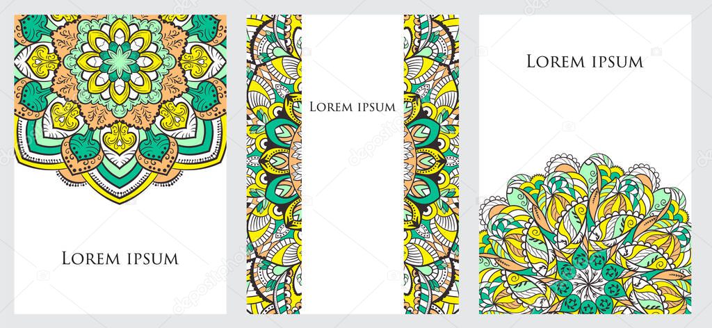 Ethnic Mandala ornament. Colorful ornamental ethnic banner set. Templates with doodle tribal mandalas for your design. Vector illustration for congratulation or invitation.