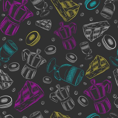 El yapımı kahve makinesi resimli kahvaltı seti. Restoran için klasik kahve nesneleri ya da tasarımınız için kafe menüsü.