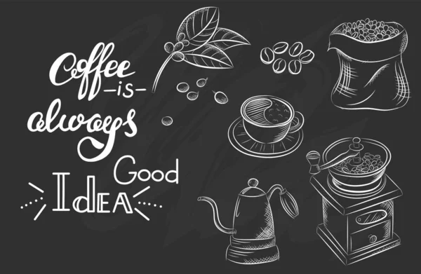 Χειροποίητο Σετ Καφέ Διανυσματική Εικονογράφηση Πρωινό Vintage Αντικείμενα Καφέ Για — Διανυσματικό Αρχείο