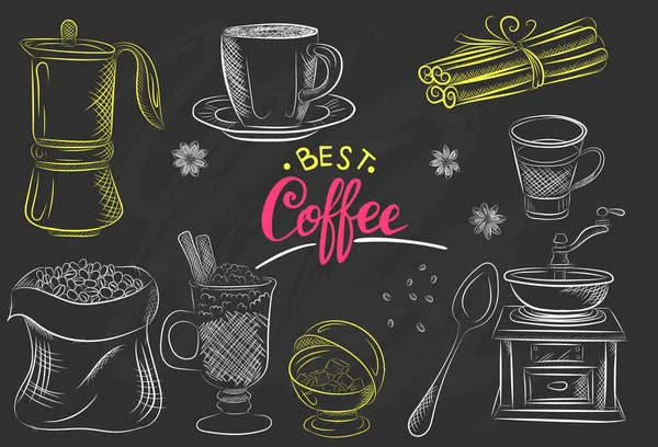 Hand Drawn Set Coffee Vector Illustration Breakfast Vintage Coffee Objects — Stock Vector