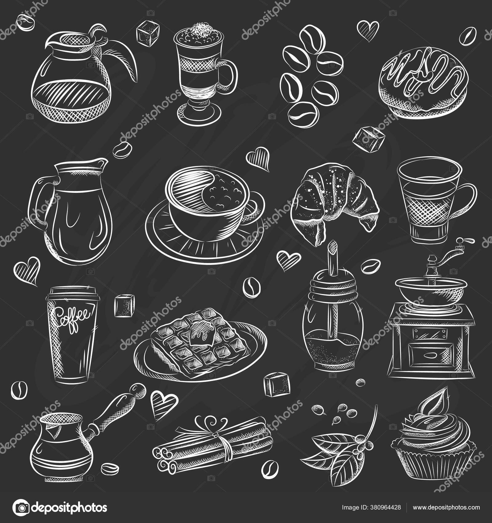 手描きセットコーヒーベクトルイラスト朝食 あなたのデザインのためのレストランやカフェメニューのためのヴィンテージコーヒーオブジェクト ストックベクター C Marina Gmail Com