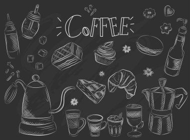 El yapımı kahve makinesi resimli kahvaltı seti. Restoran için klasik kahve nesneleri ya da tasarımınız için kafe menüsü.