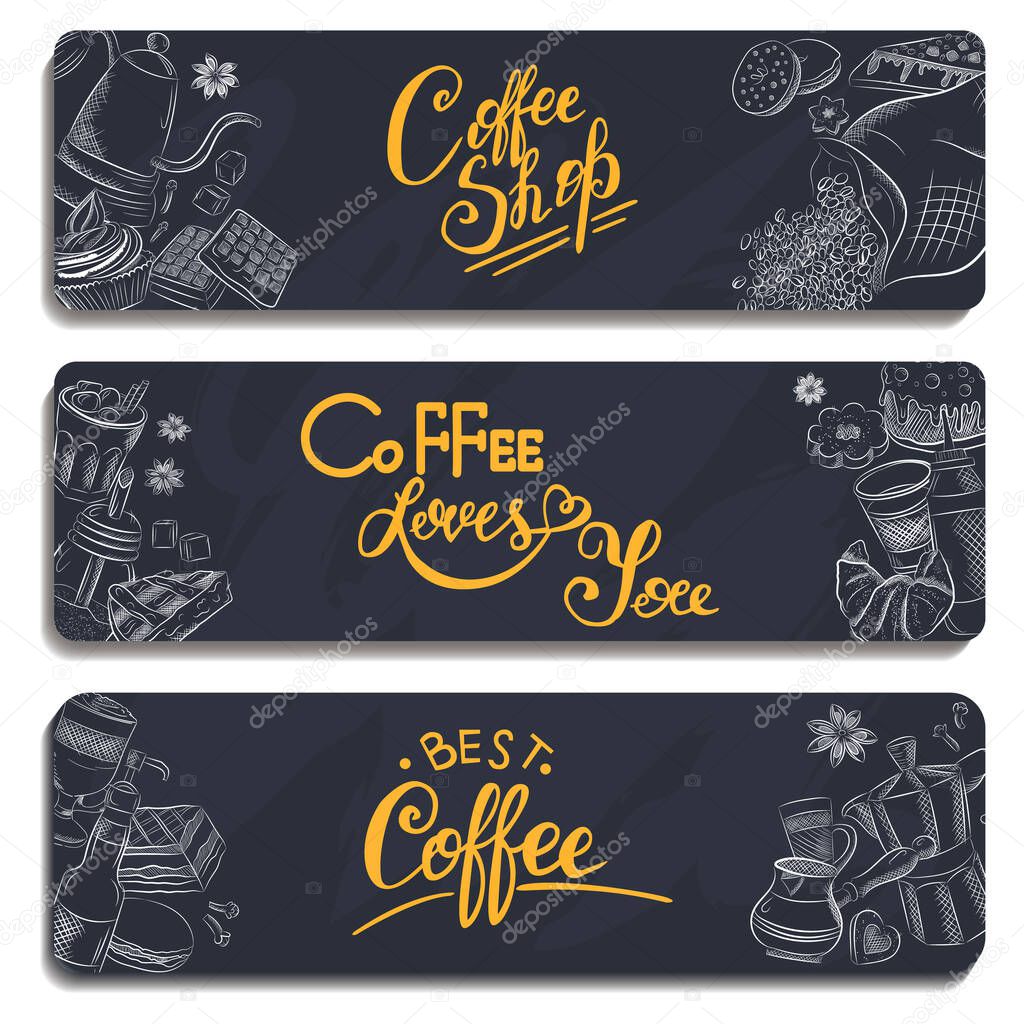 Vector graphic, artistic, stylized image of coffee set graphic element for menu on blackboard. Black chalkboard with chalk traces for your design
