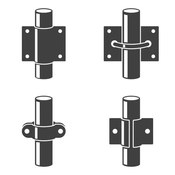 Conjunto de cuatro iconos diferentes tipos de fijación de tuberías a superficies verticales y horizontales. Vector sobre fondo blanco — Vector de stock