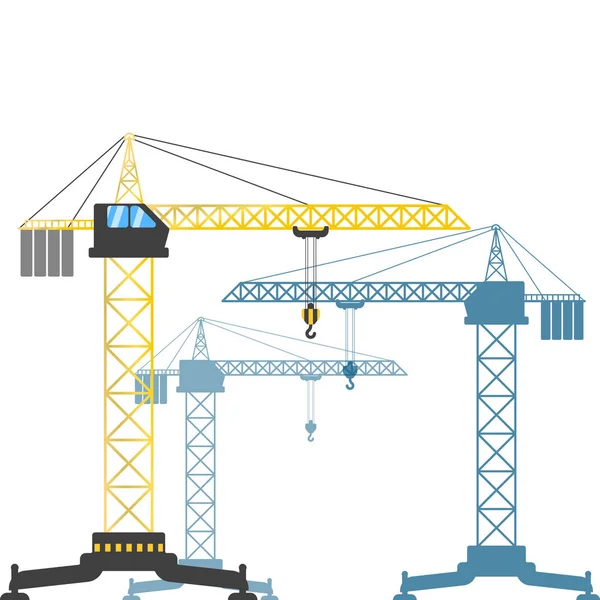 Tres grúas torre a diferentes distancias entre sí. Ilustración vectorial sobre fondo blanco — Archivo Imágenes Vectoriales